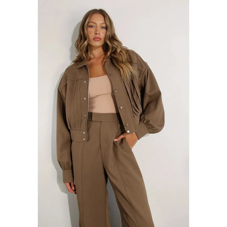 Pleated Crop Jacket and Pants Set CHOCOLATE BROWN