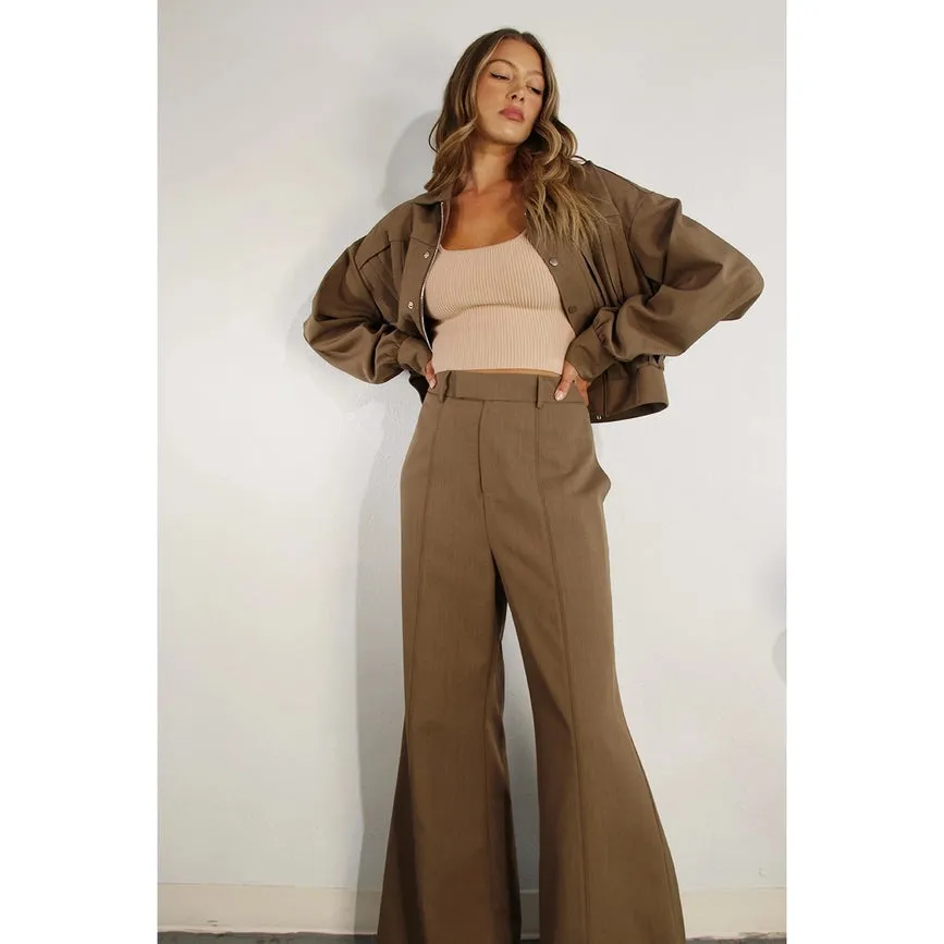 Pleated Crop Jacket and Pants Set CHOCOLATE BROWN