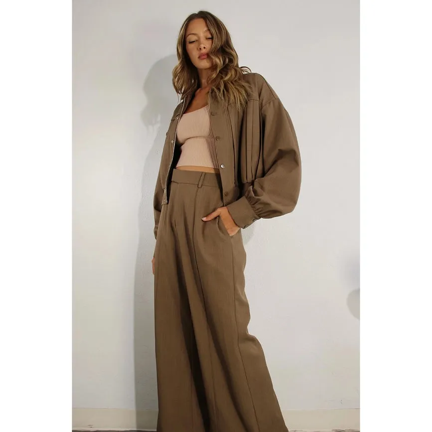 Pleated Crop Jacket and Pants Set CHOCOLATE BROWN