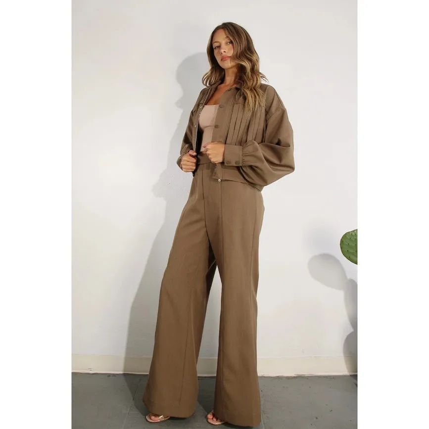 Pleated Crop Jacket and Pants Set CHOCOLATE BROWN