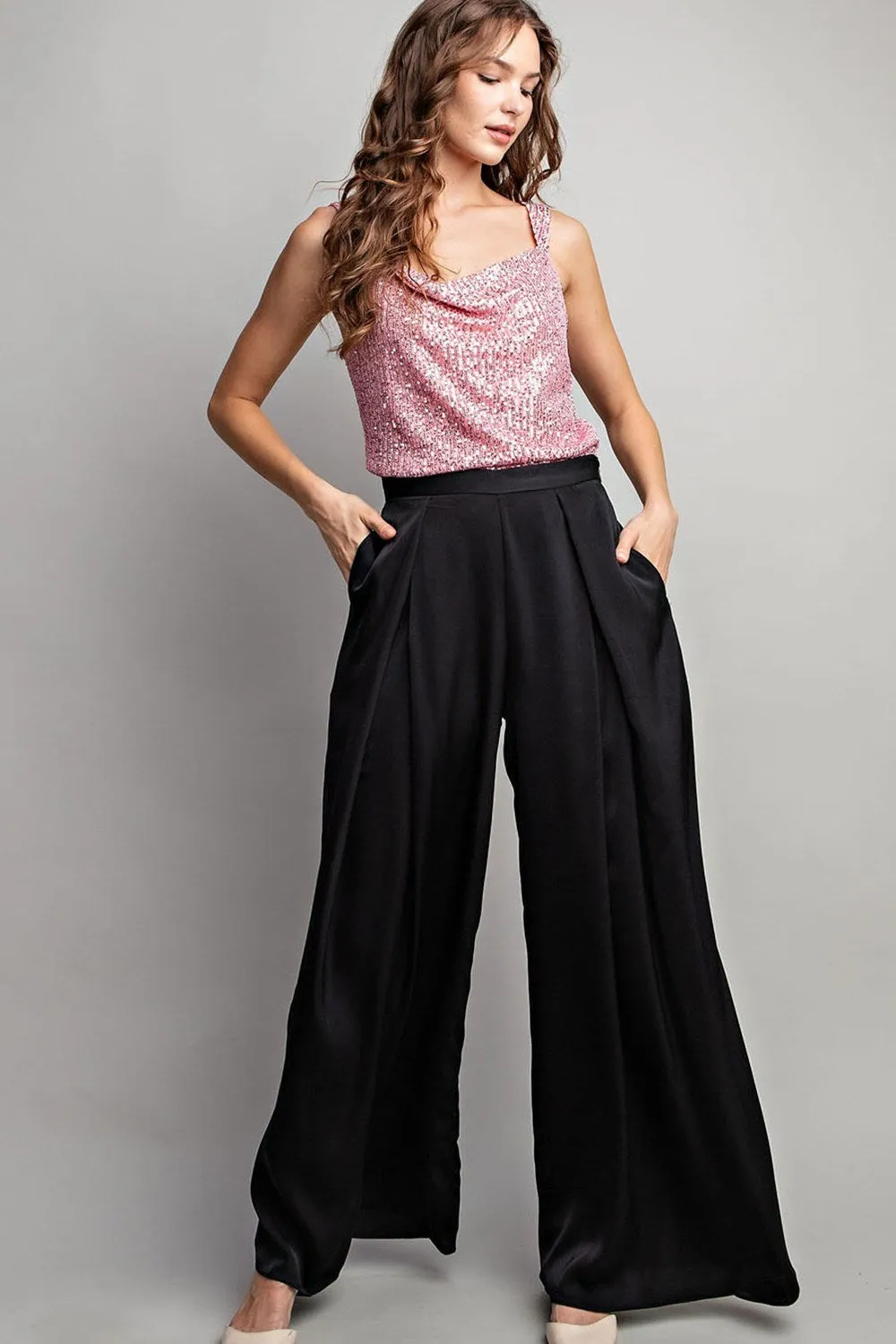 PLEATED WIDE LEG PANTS -Large