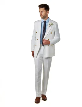 RAY - Tailored Fit Double Breasted Suit Off White Herringbone Linen