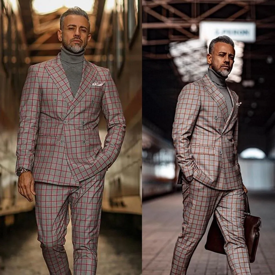 Red Plaid Double-Breasted 2-Piece Suit For Men