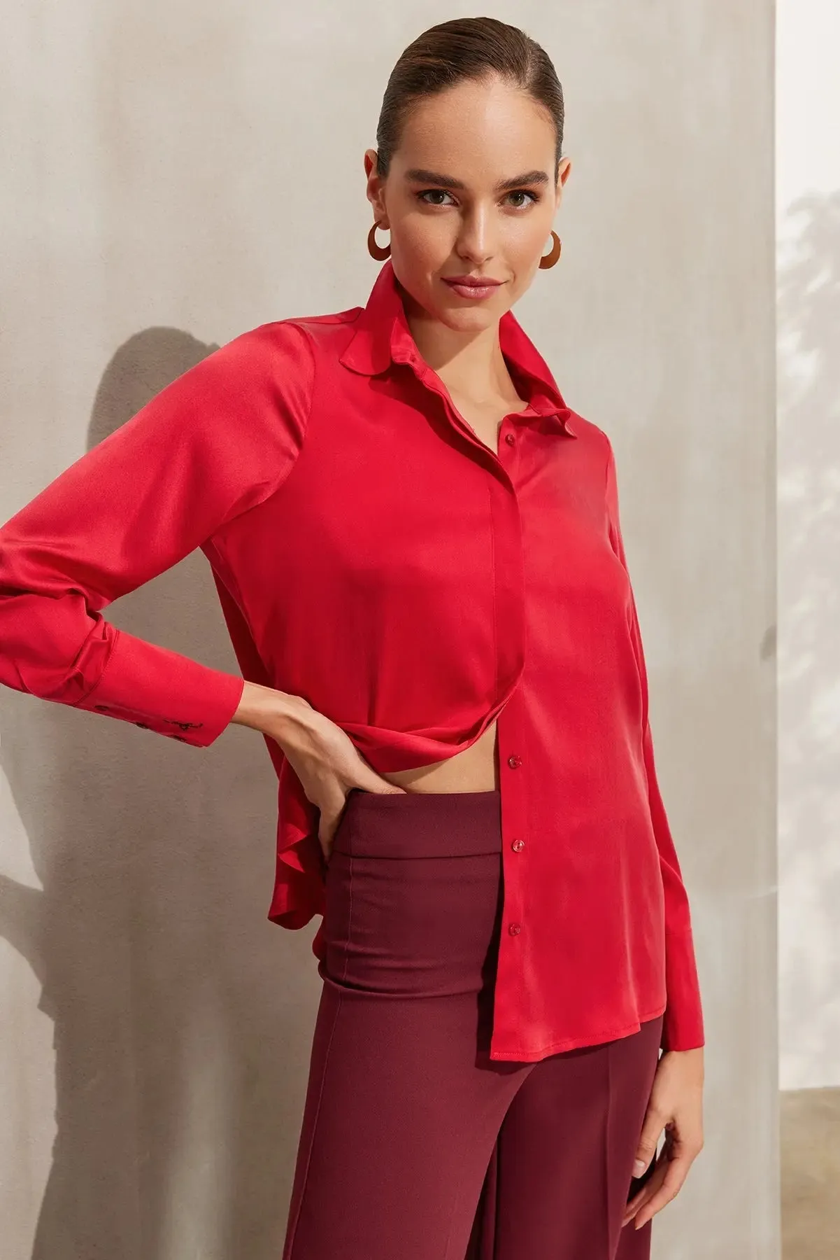 Red Pure Silk Audrey Women's Shirt