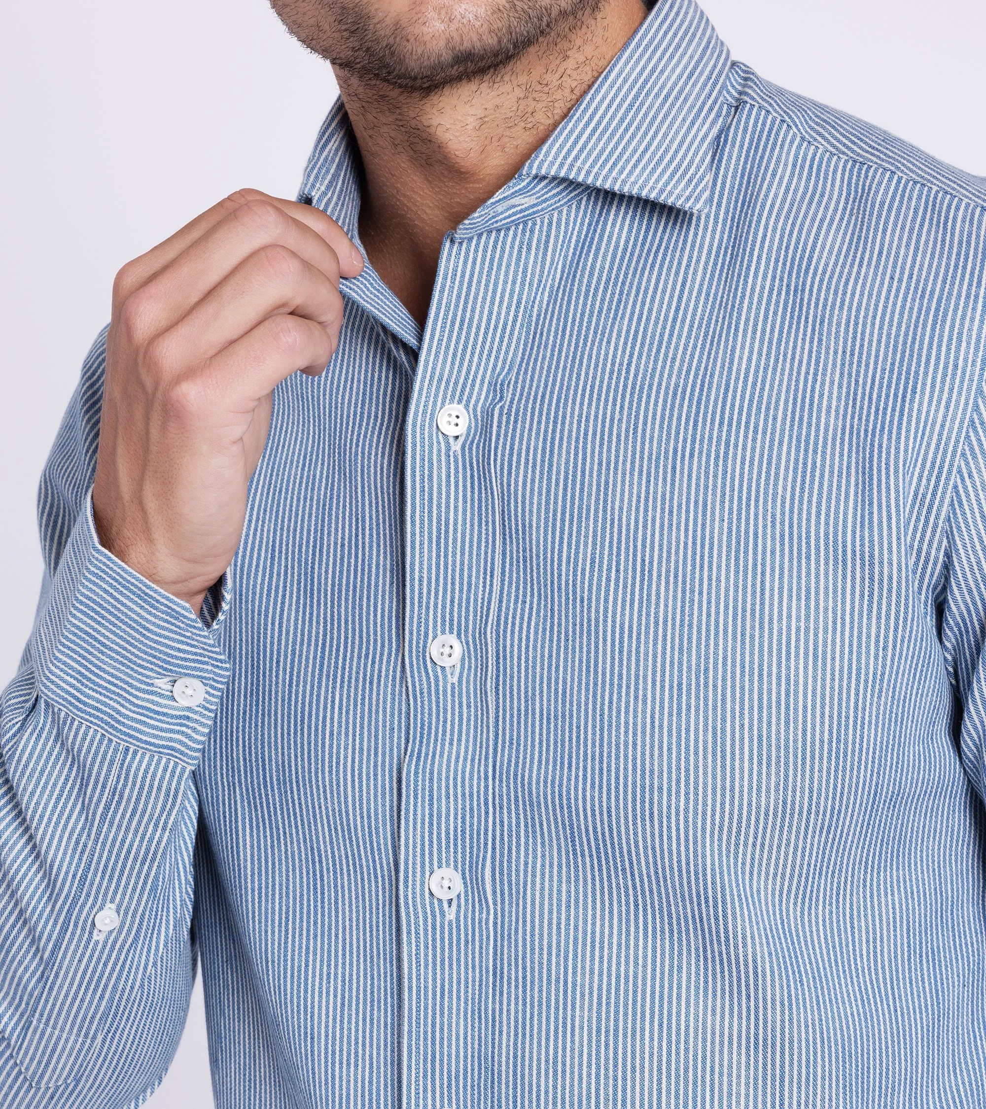 Salvatore Piccolo Selvedge Cotton Striped Shirt: Light Blue