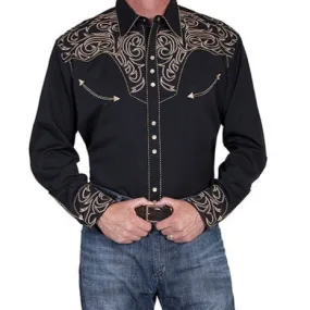 Scully Men's Embroidered Scroll Western Snap Shirt in Black