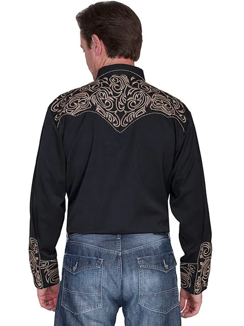 Scully Men's Embroidered Scroll Western Snap Shirt in Black