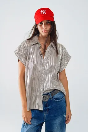 Silver Pleated Shirt with Short Sleeves