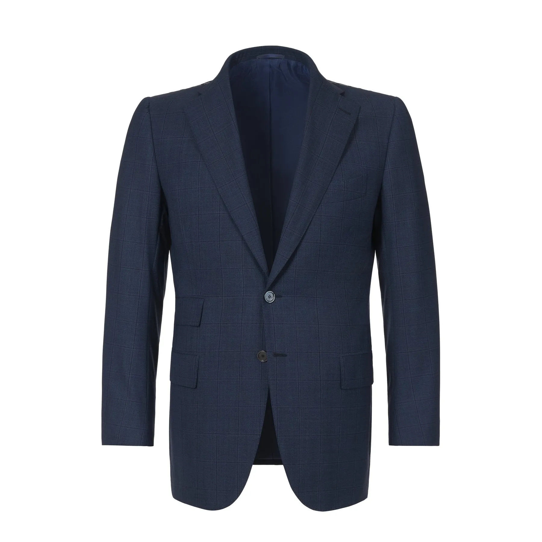 Single-Breasted Windowpane Checked Wool Suit in Dark Blue