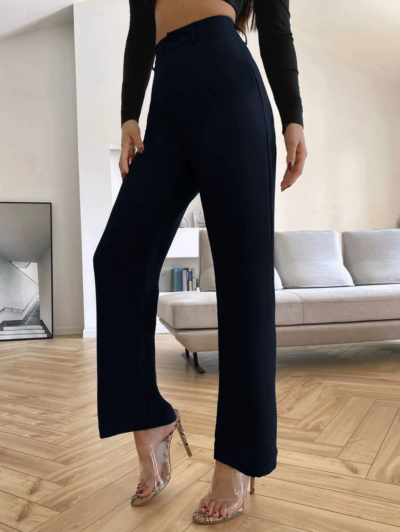 Solid High Rise Tailored Pants