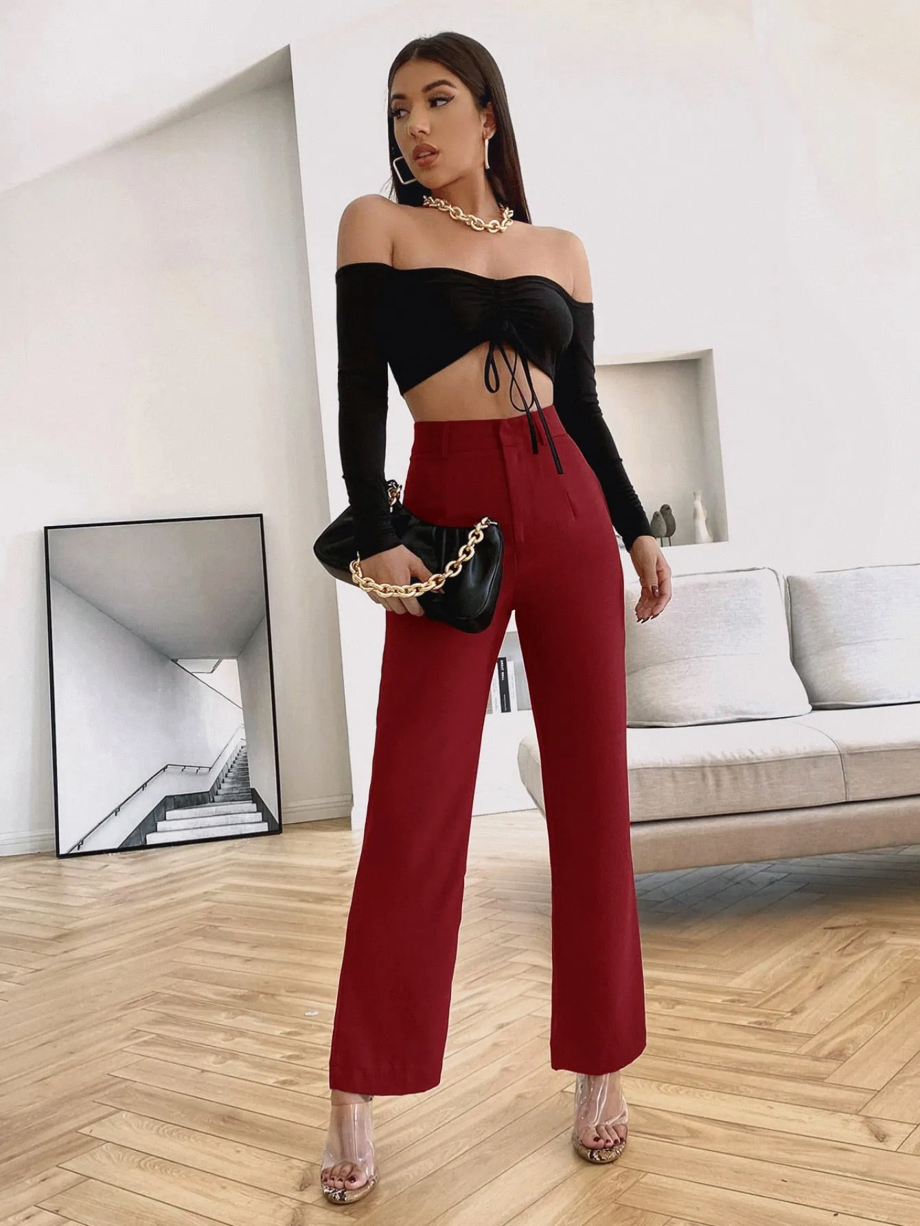 Solid High Rise Tailored Pants