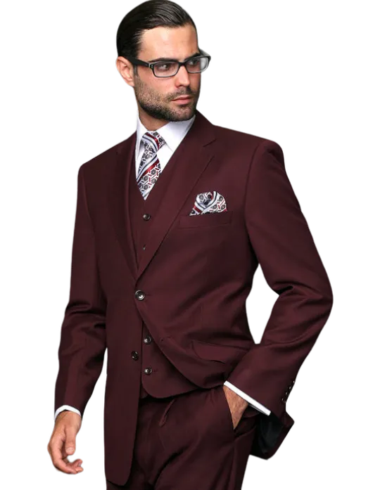 Statement Men's Burgundy Suit Vested Tailor Fit