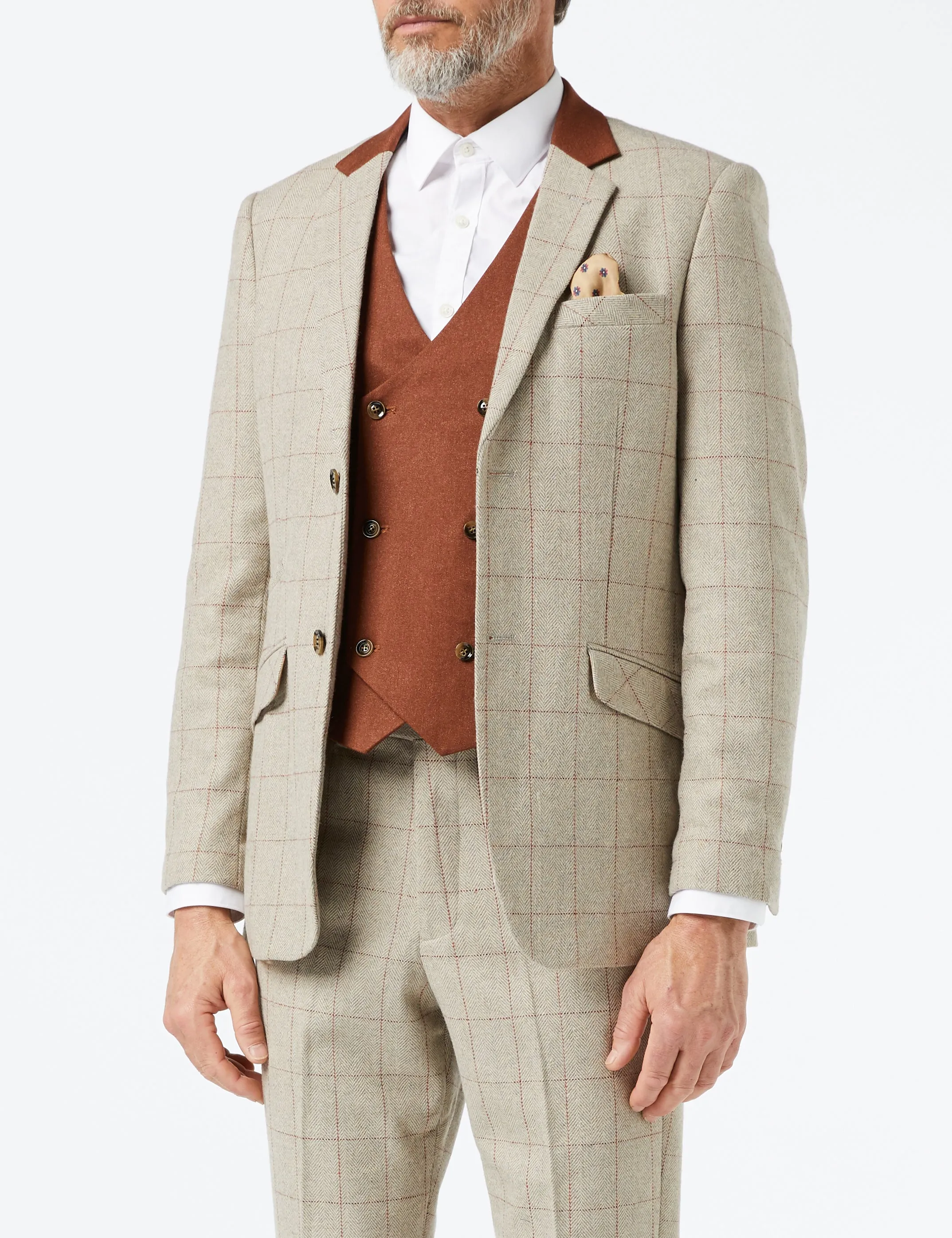 THEO Tweed Herringbone Red Check on Beige