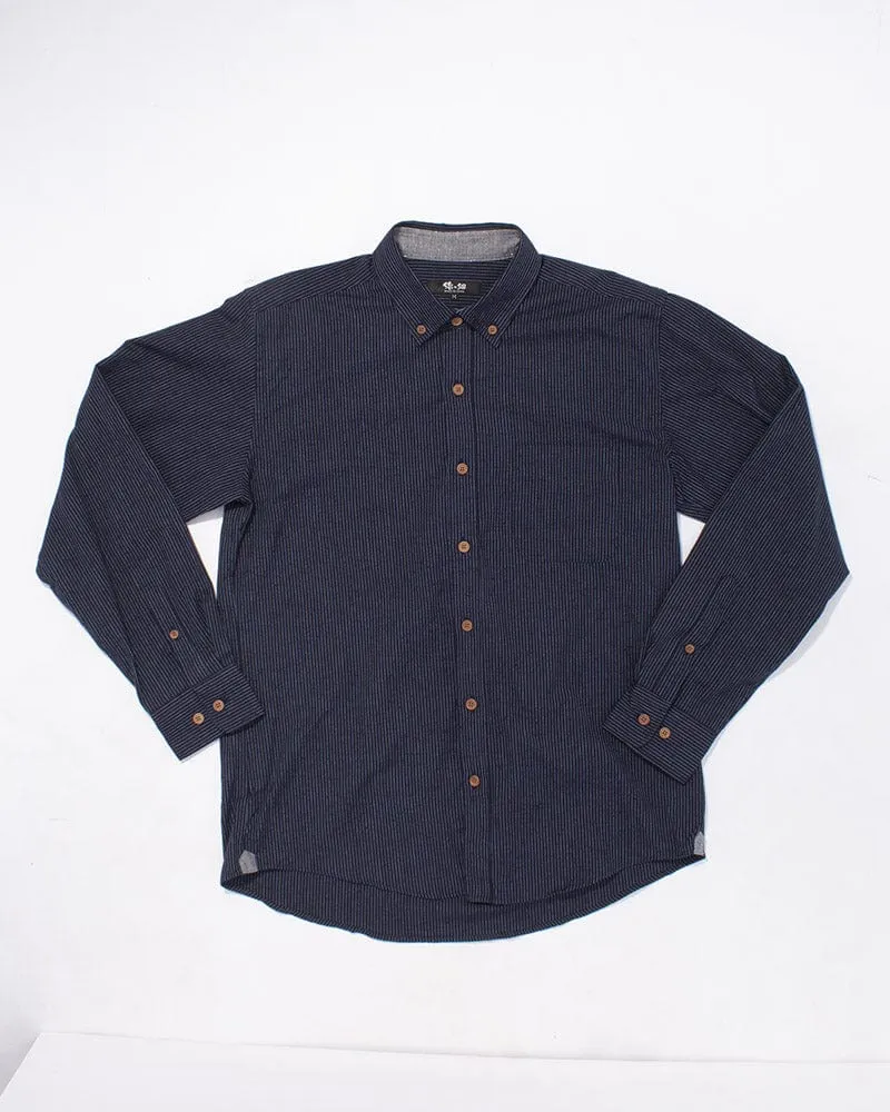 ToK Shirt, Long Sleeve Button-Up, Indigo with Thin Light Blue Shima