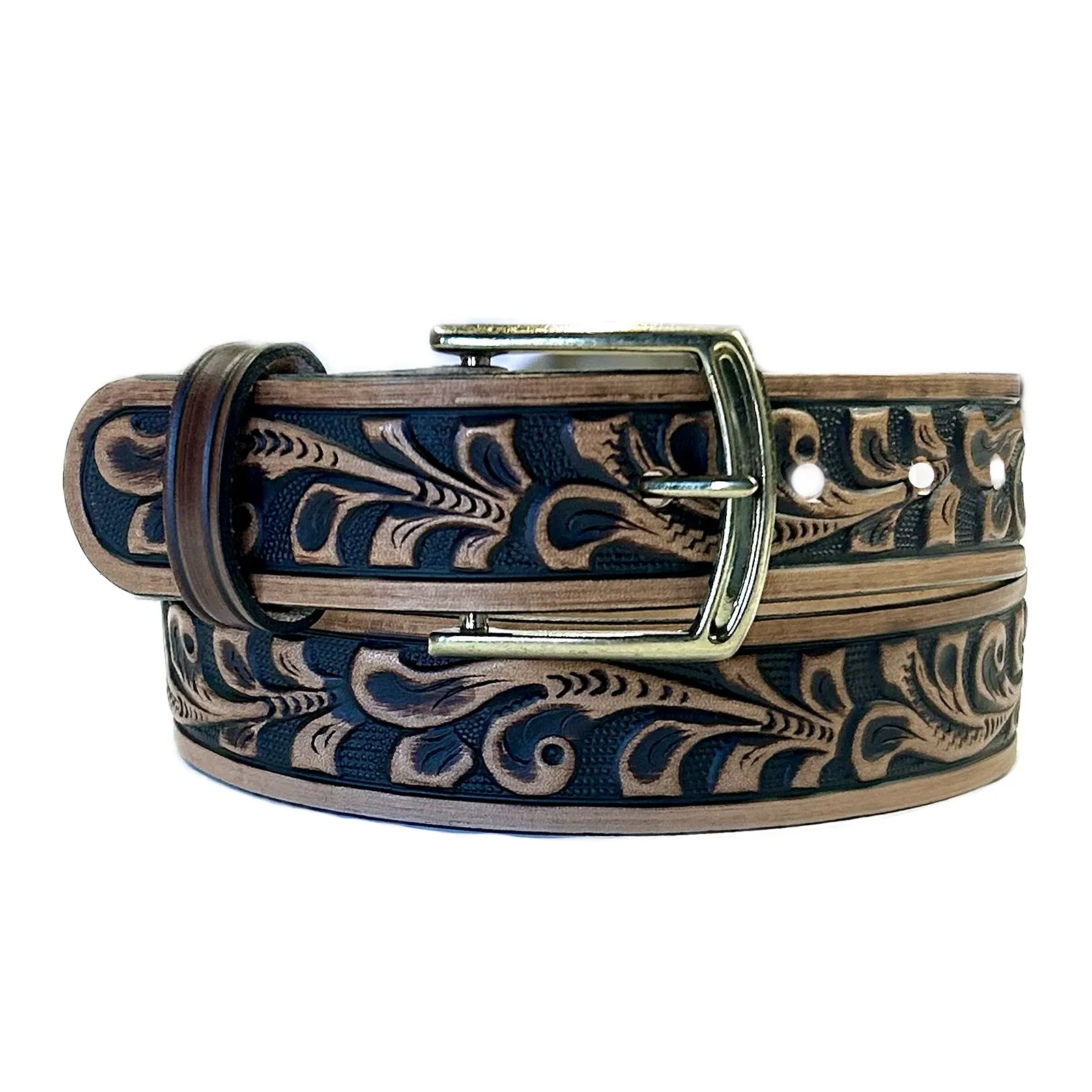 Tooled Floral Genuine Brown Leather Western Belt