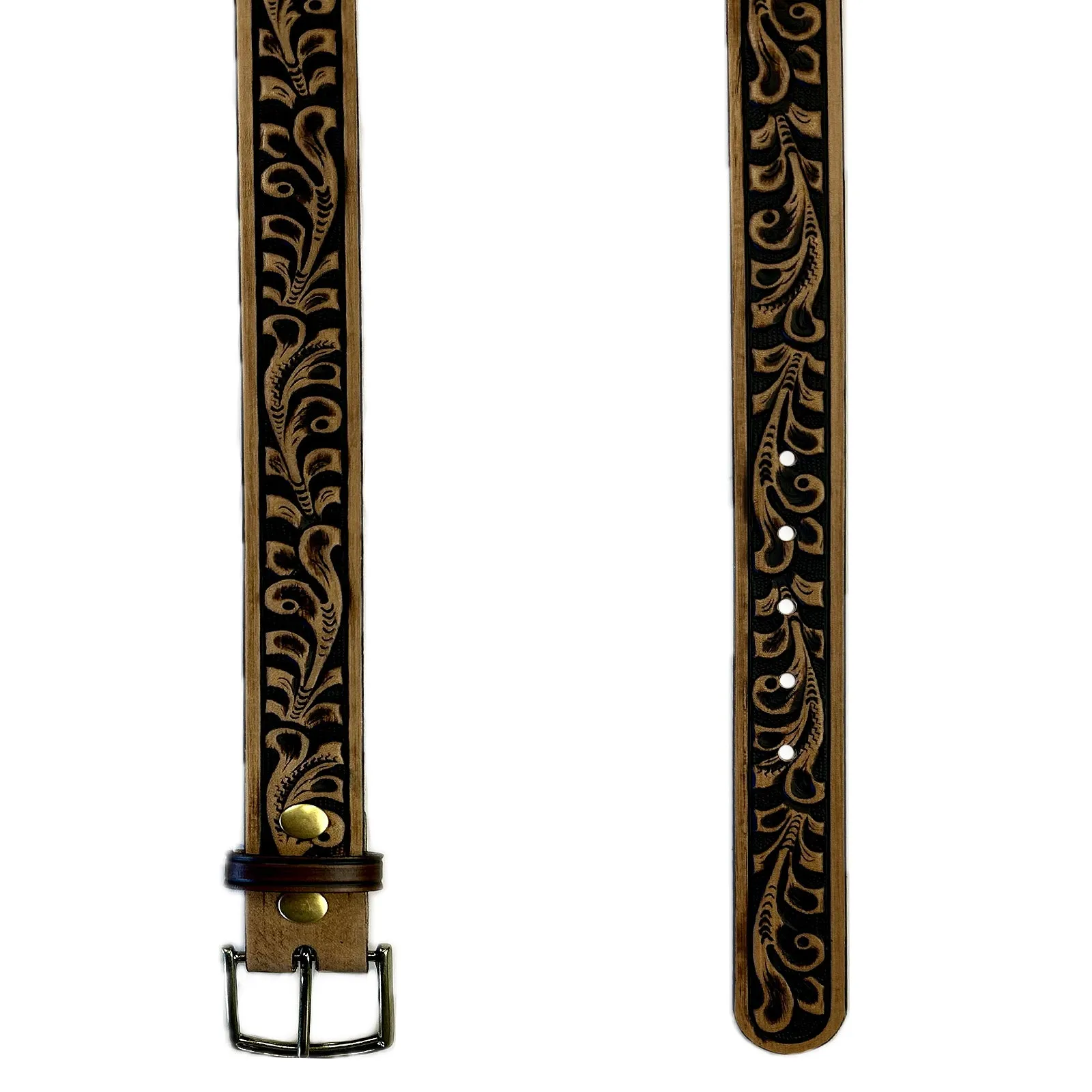 Tooled Floral Genuine Brown Leather Western Belt