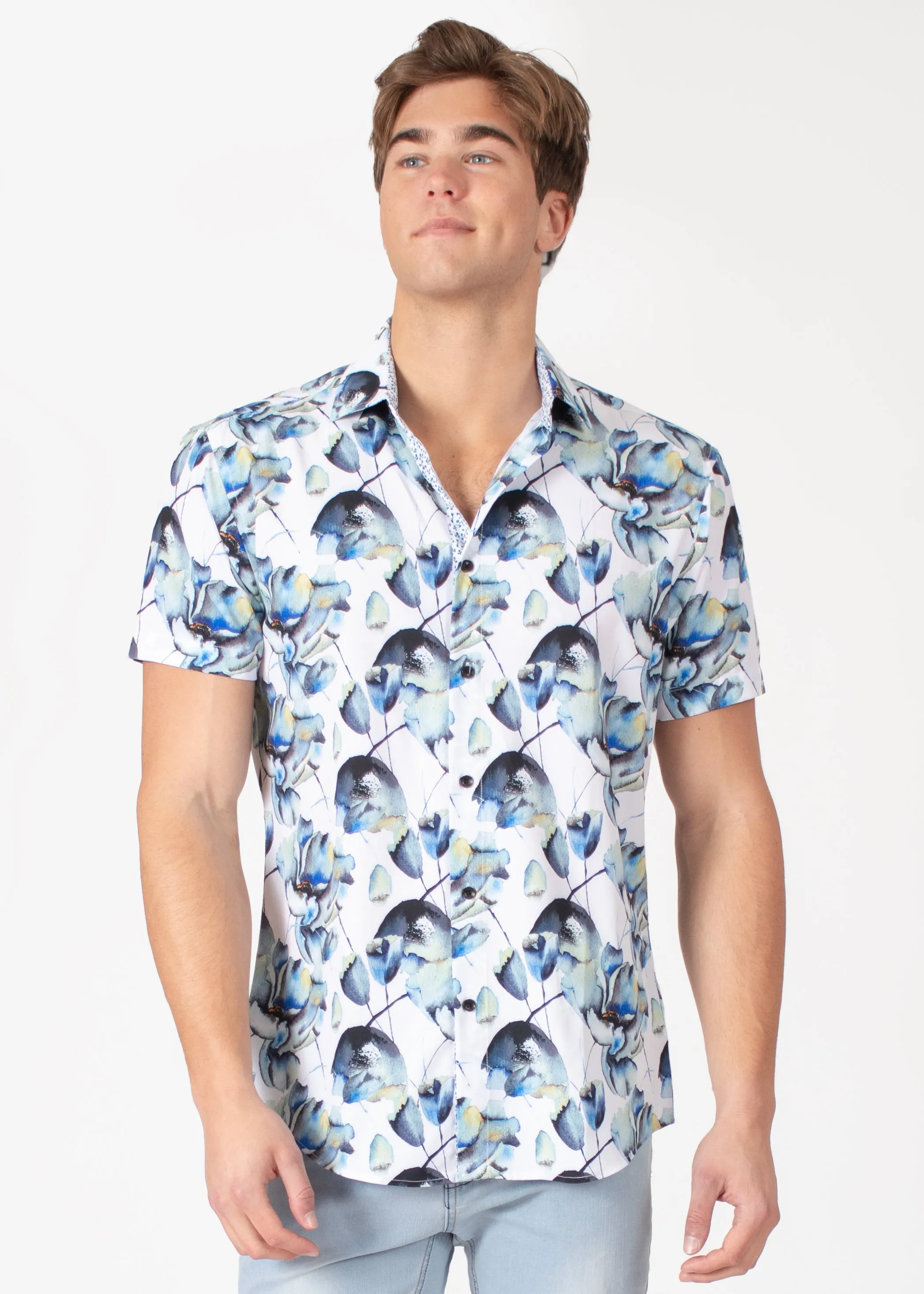 Tropical Feather Button Up Short Sleeve Dress Shirt