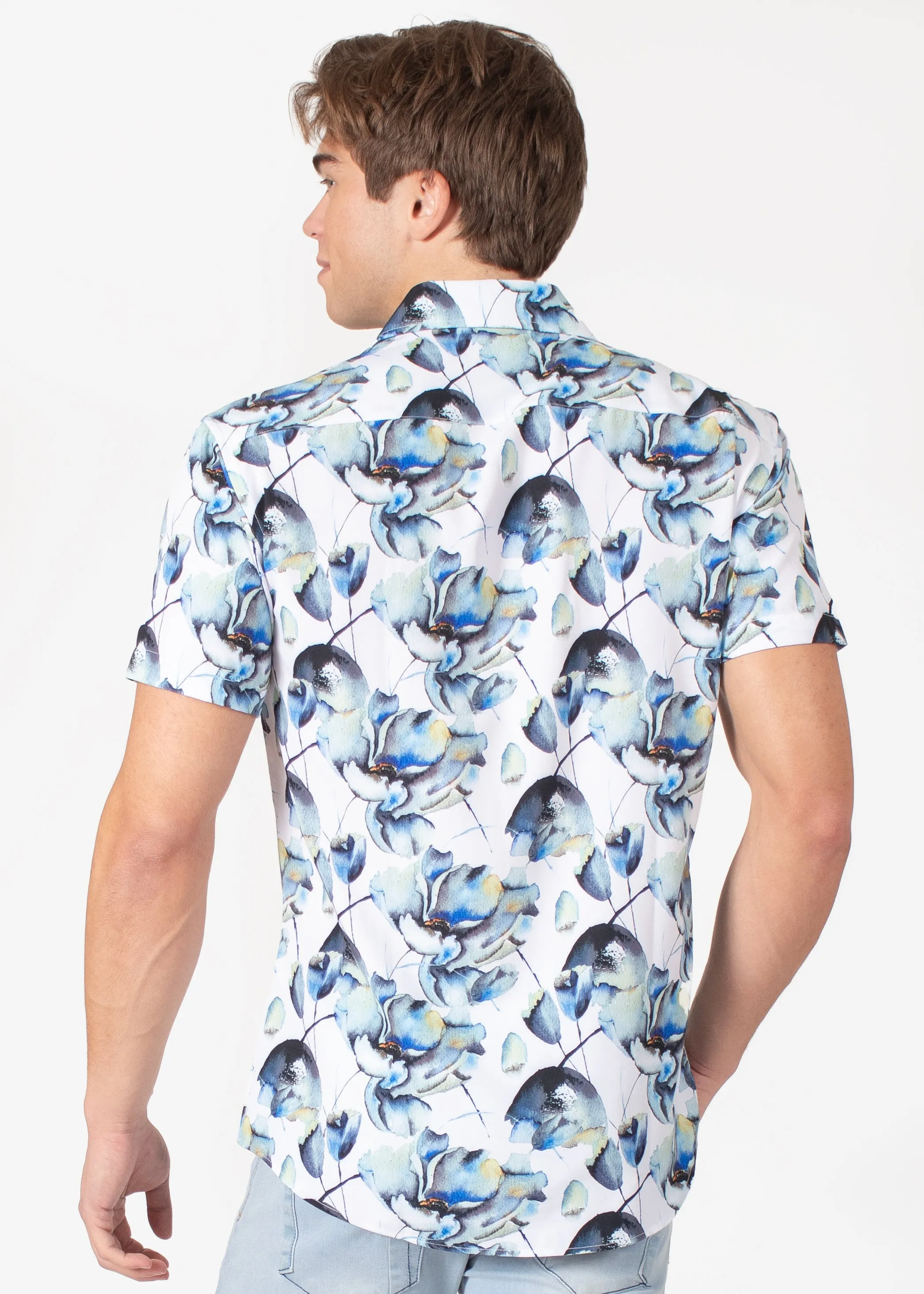 Tropical Feather Button Up Short Sleeve Dress Shirt