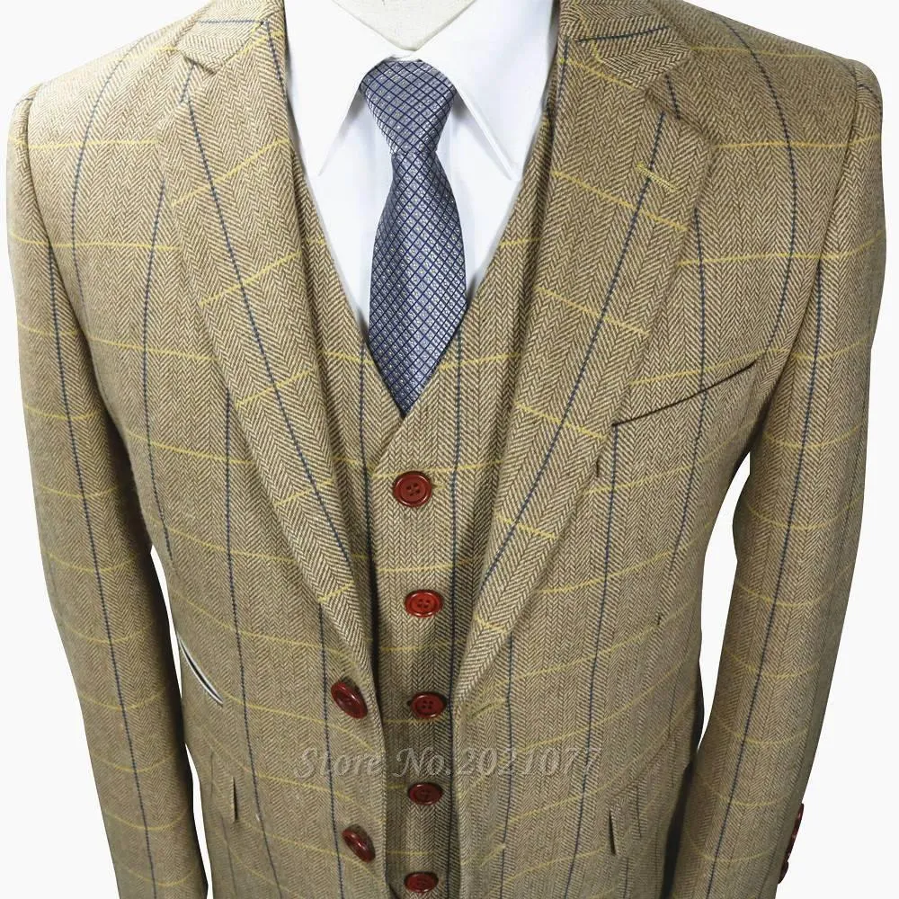 Tweed Herringbone Retro Men's Suit 3-Piece Wool Suit