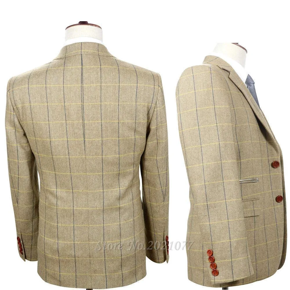 Tweed Herringbone Retro Men's Suit 3-Piece Wool Suit