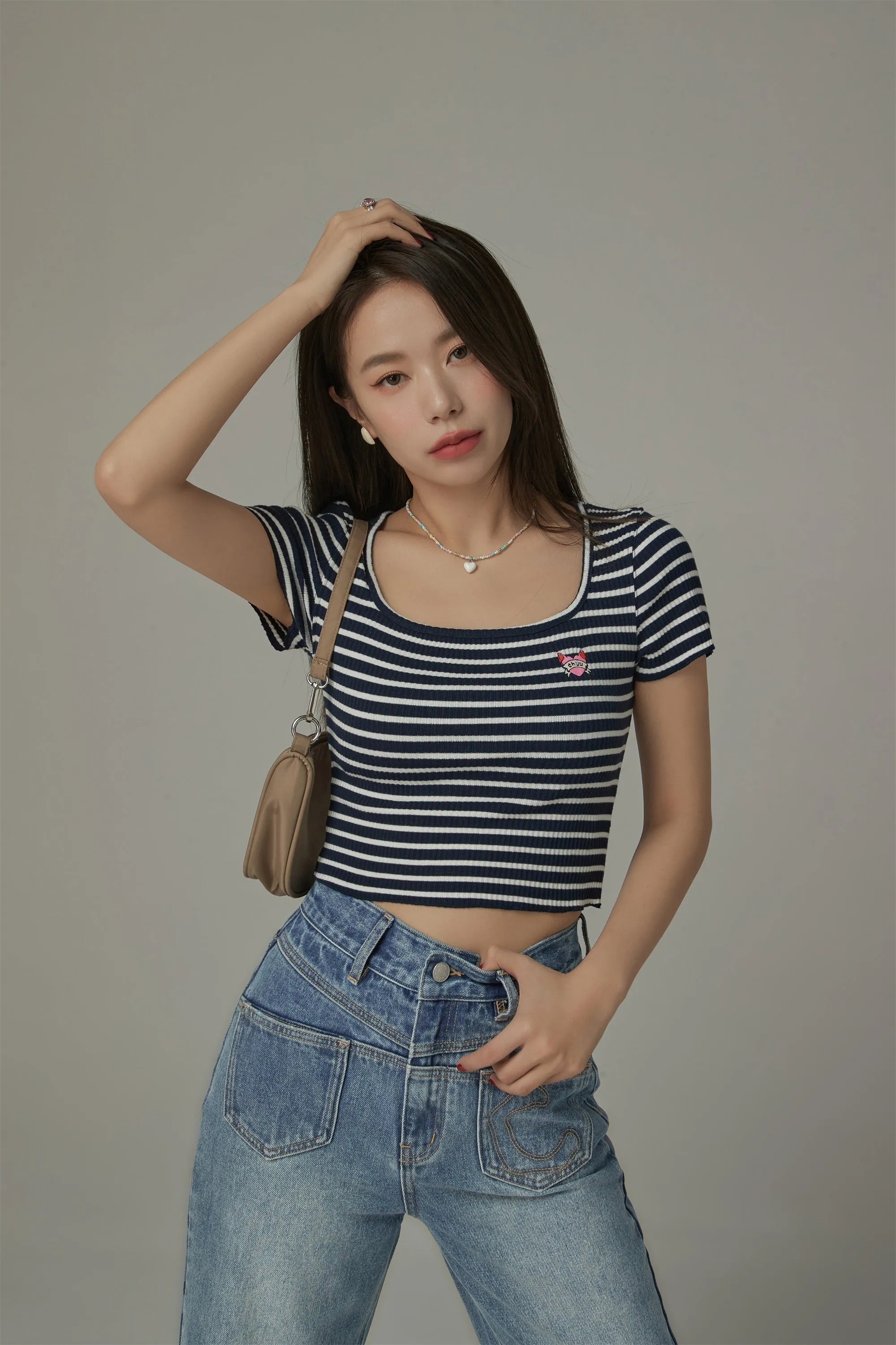 U-Neck Striped Cropped T-Shirt