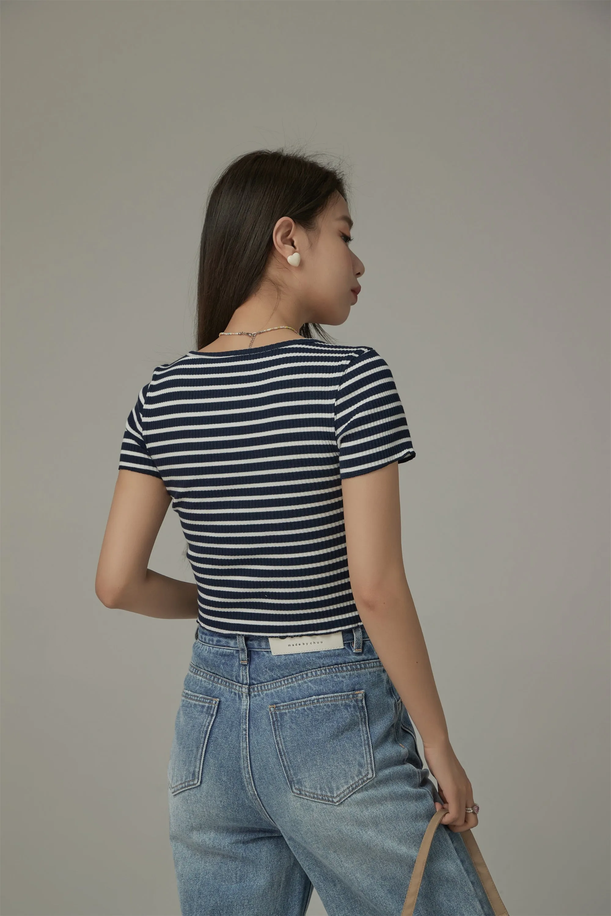 U-Neck Striped Cropped T-Shirt