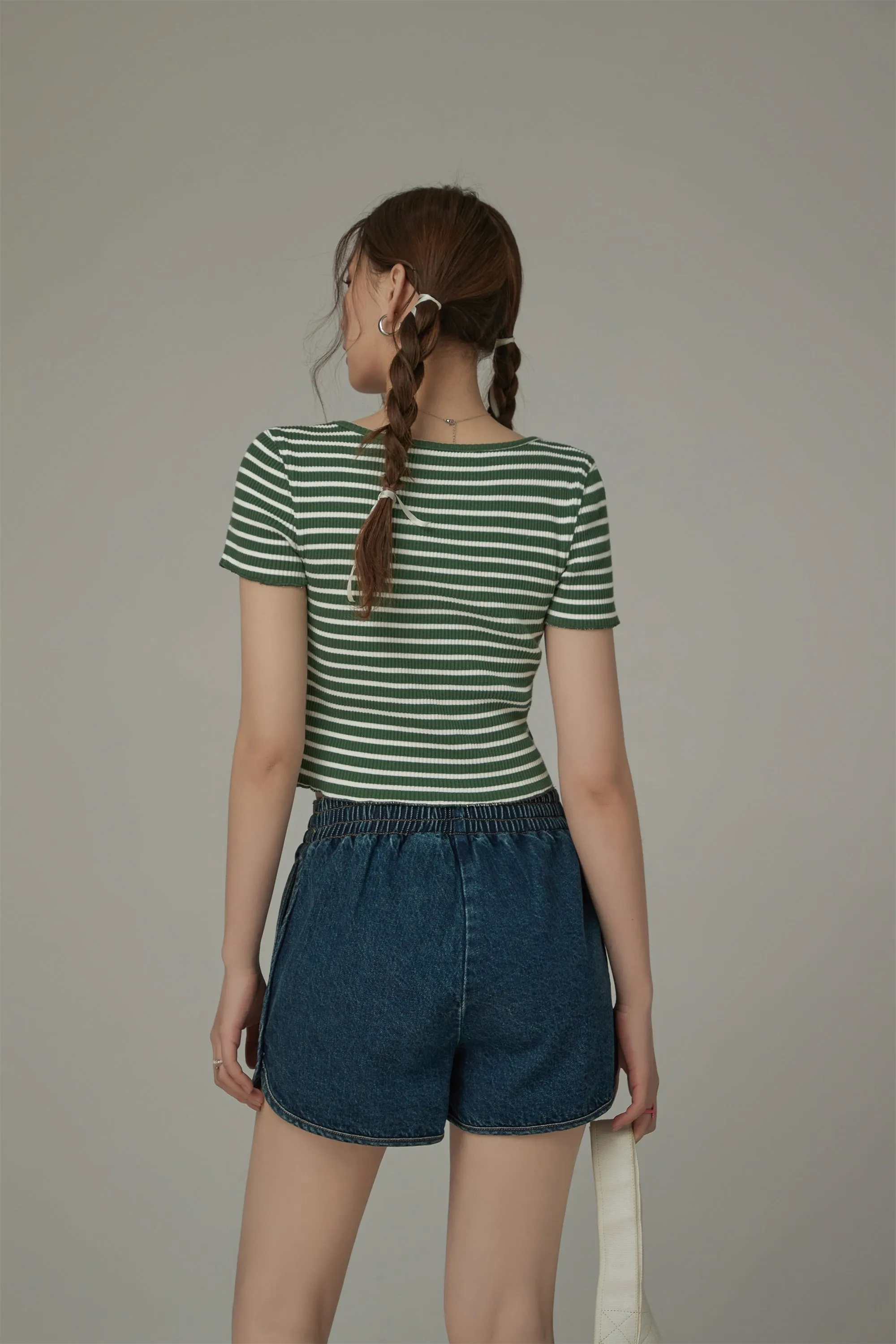 U-Neck Striped Cropped T-Shirt