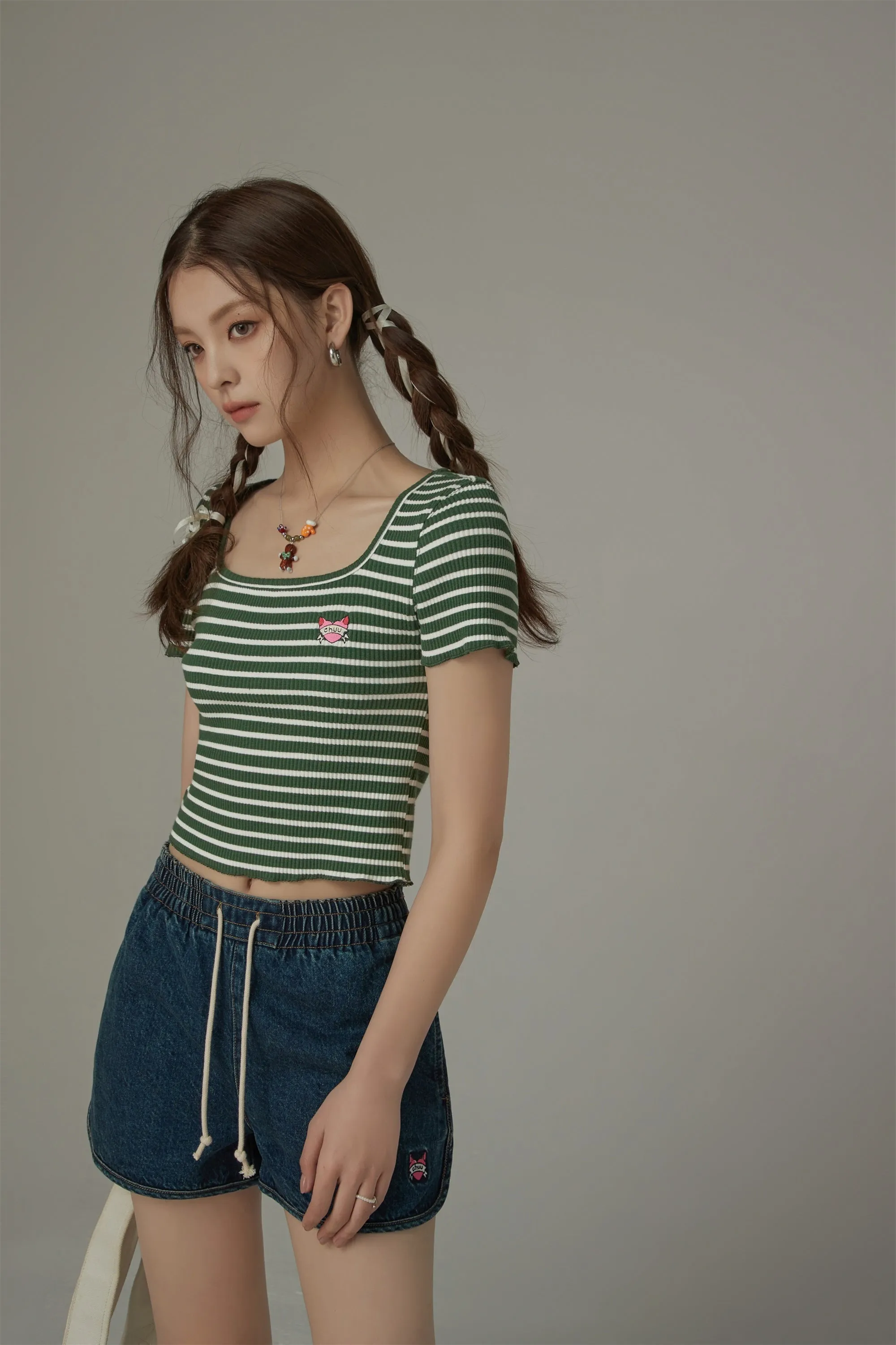 U-Neck Striped Cropped T-Shirt