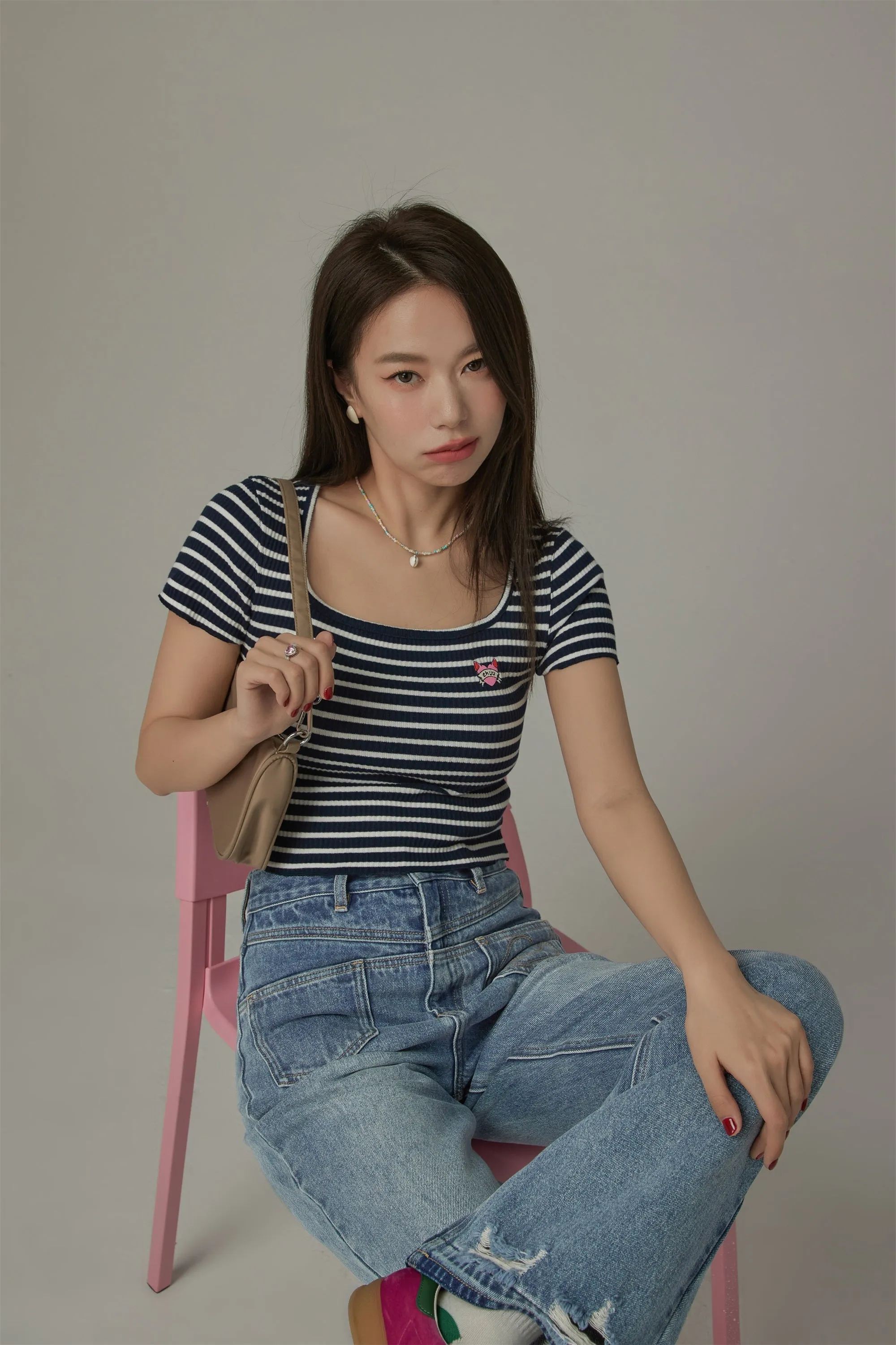 U-Neck Striped Cropped T-Shirt