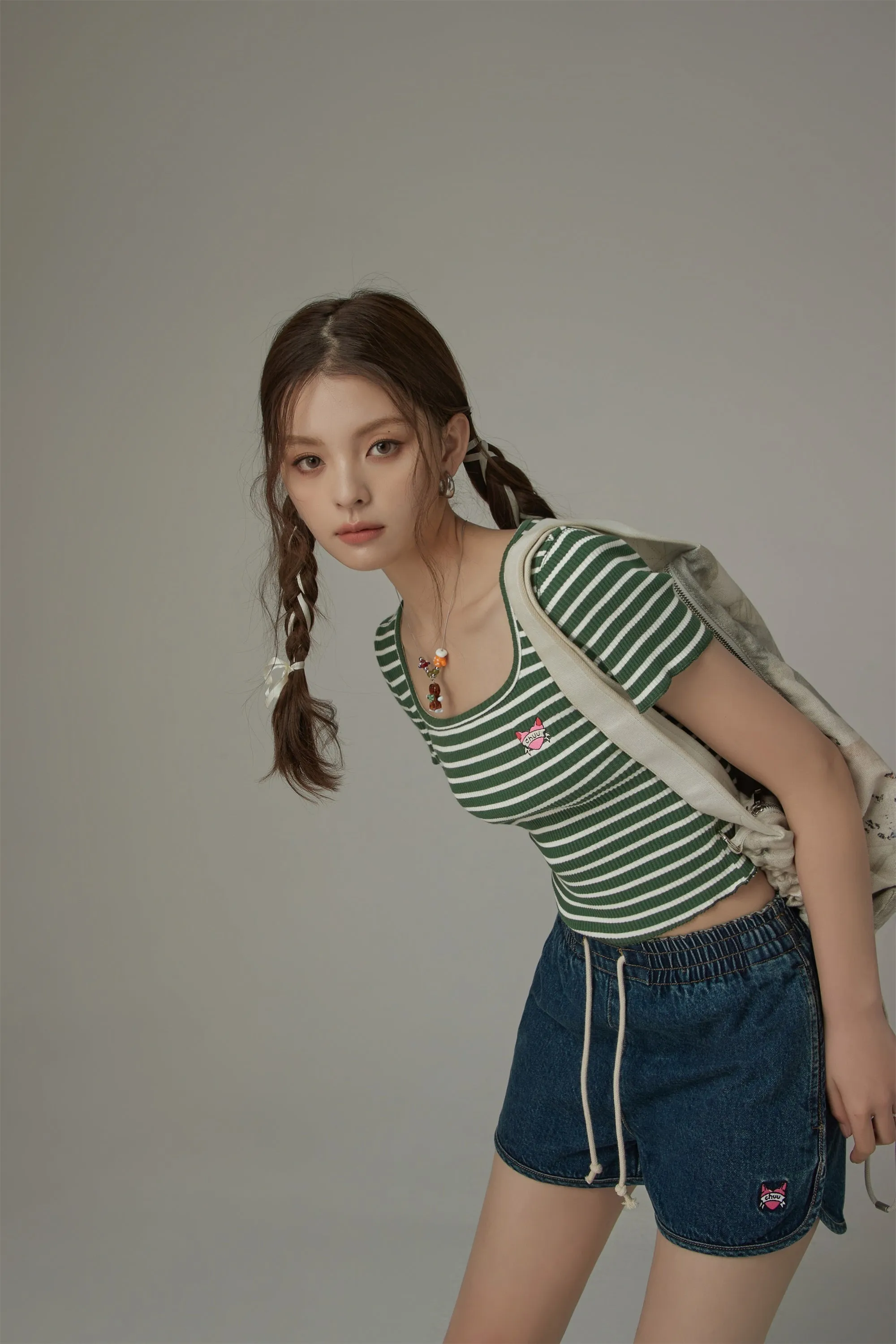 U-Neck Striped Cropped T-Shirt