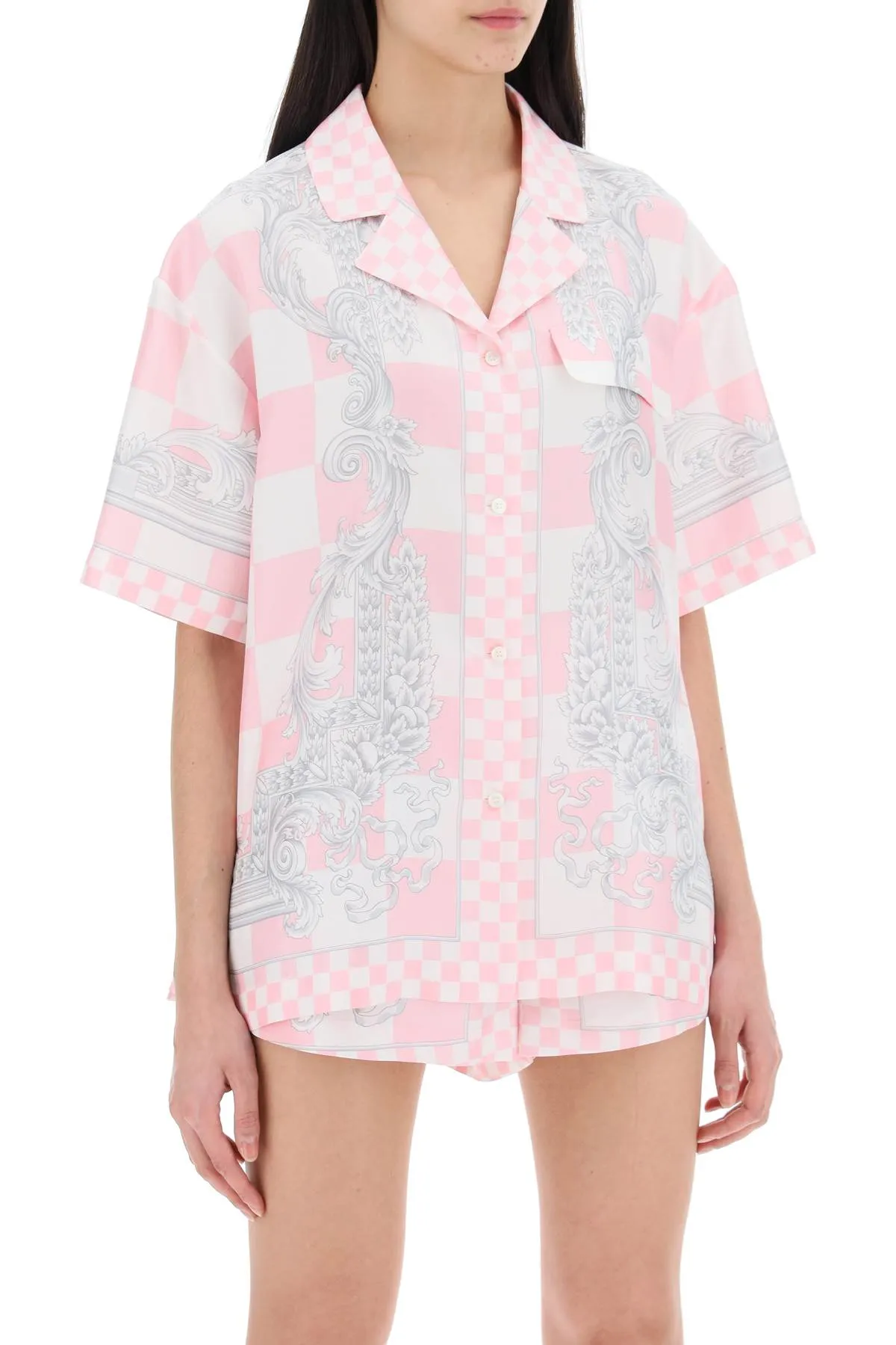 Versace Printed Silk Bowling Shirt In Eight Pink