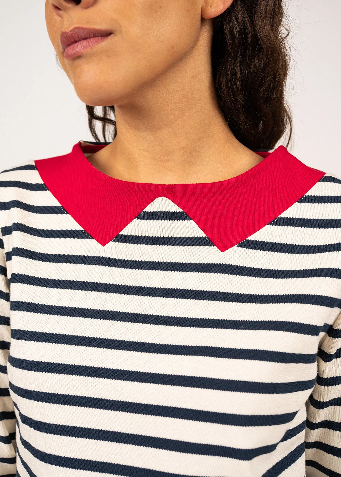 Vire sailor striped shirt with a contrasting collar - in thick cotton jersey (ECRU/MARINE/TULIPE)