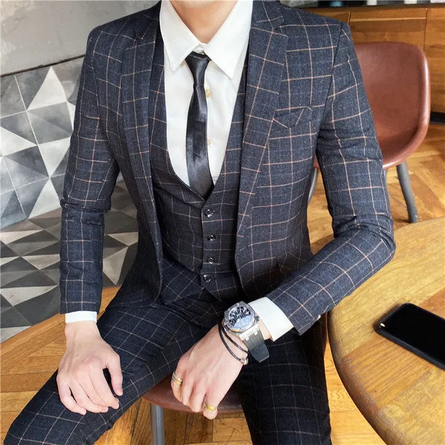 West Louis™ Designer Business Acetate Plaid Slim 3 Piece Suit