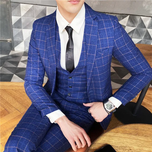 West Louis™ Designer Business Acetate Plaid Slim 3 Piece Suit