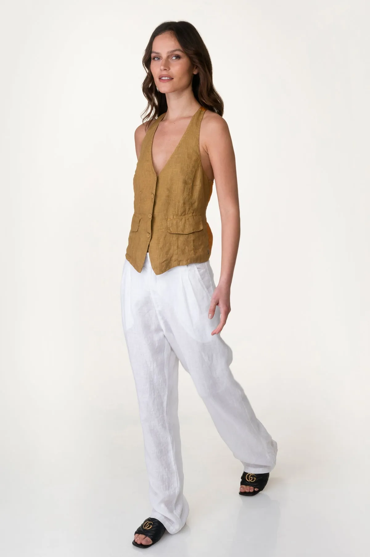 White Washed Linen Pleated Front Pants