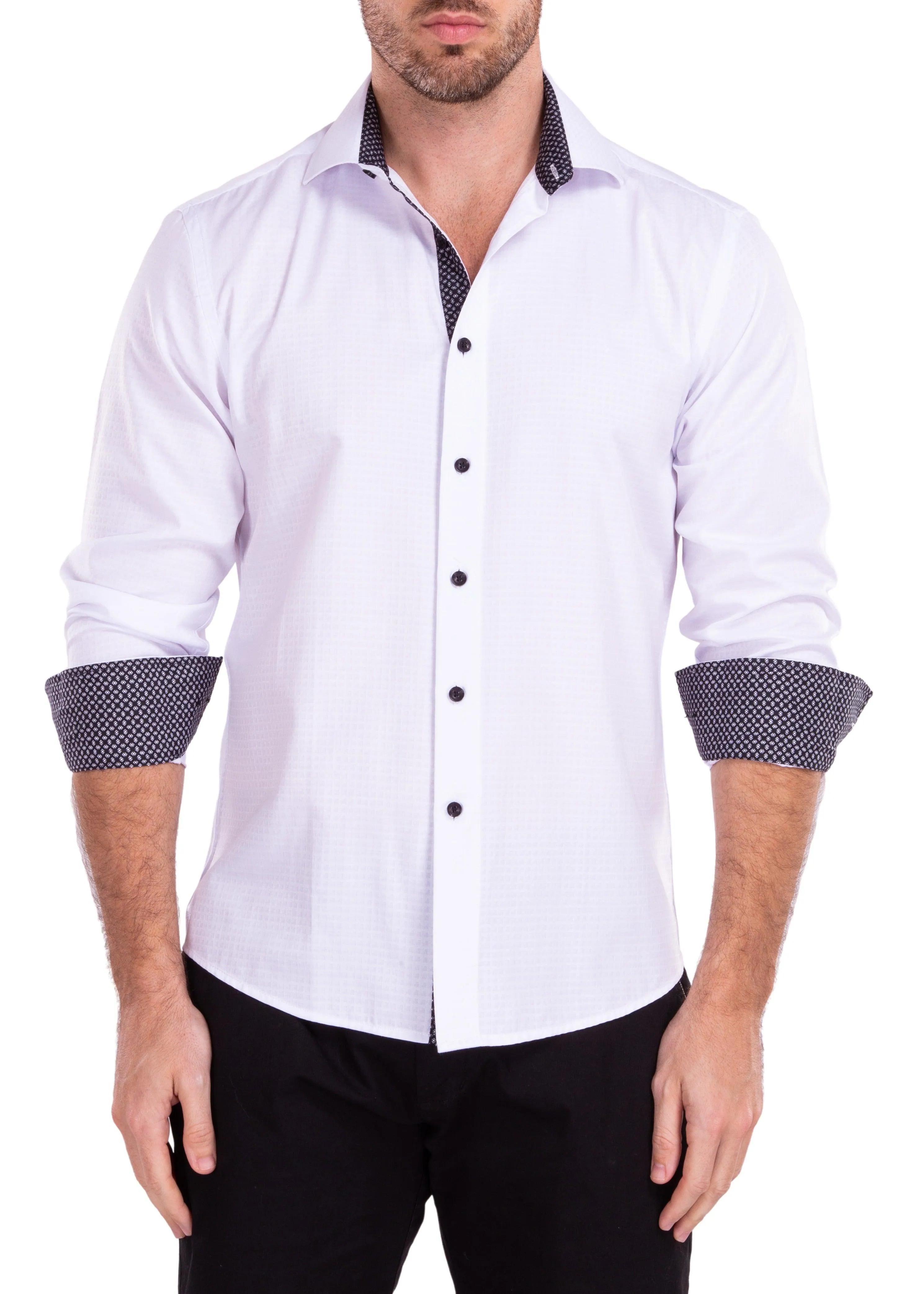 Windowpane Texture Solid White Button Up Long Sleeve Dress Shirt