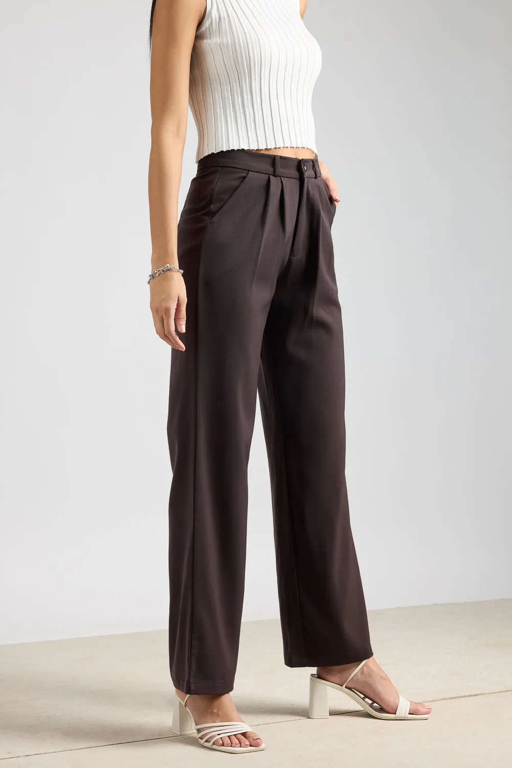 Women's Pleated Dark Brown Korean Pant