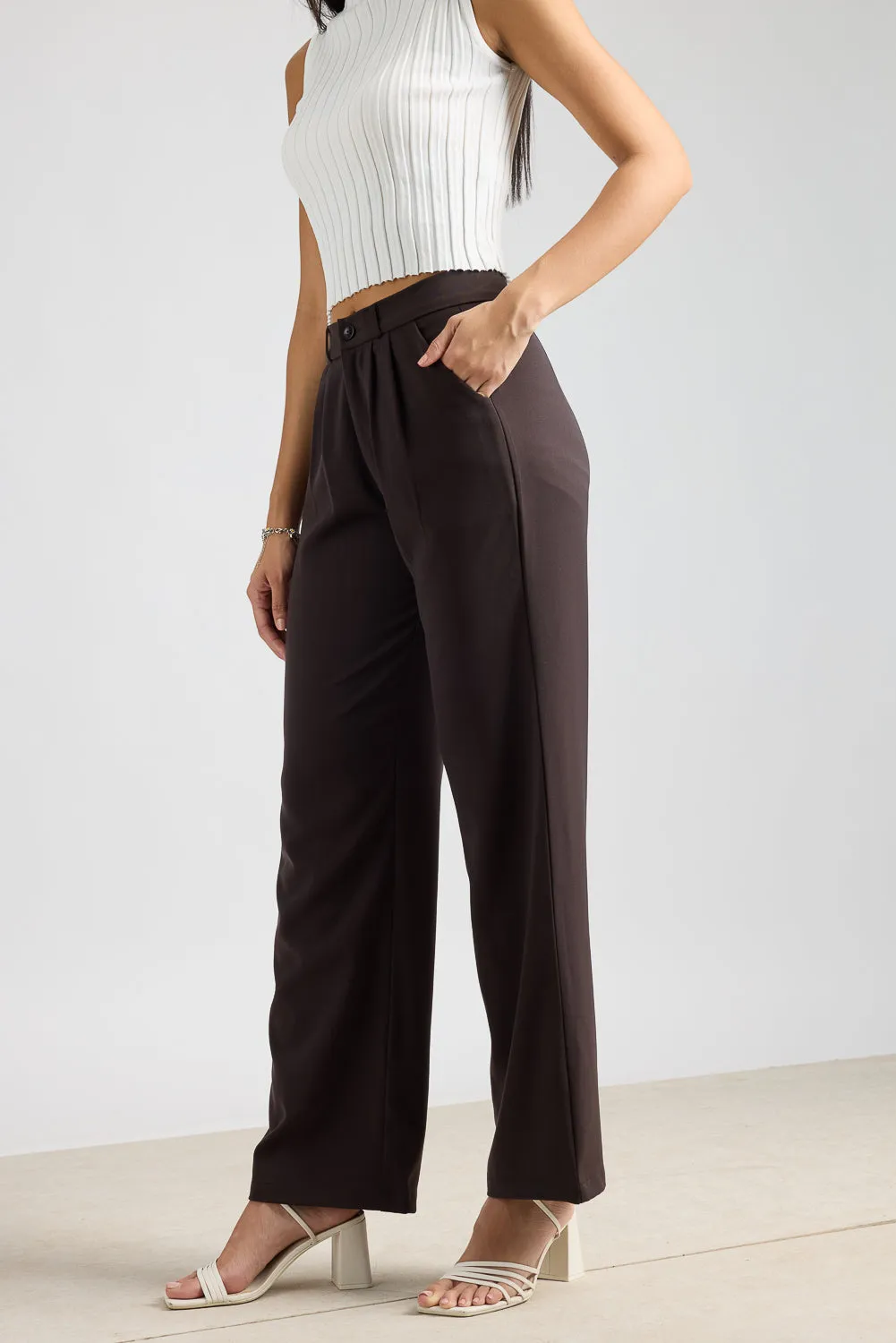 Women's Pleated Dark Brown Korean Pant