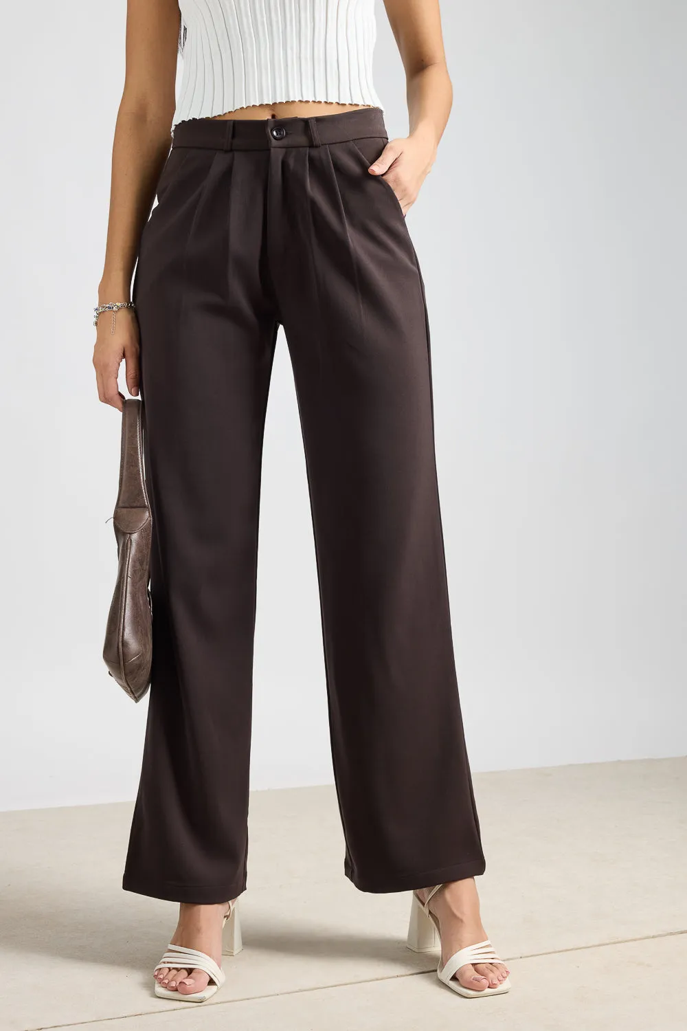 Women's Pleated Dark Brown Korean Pant