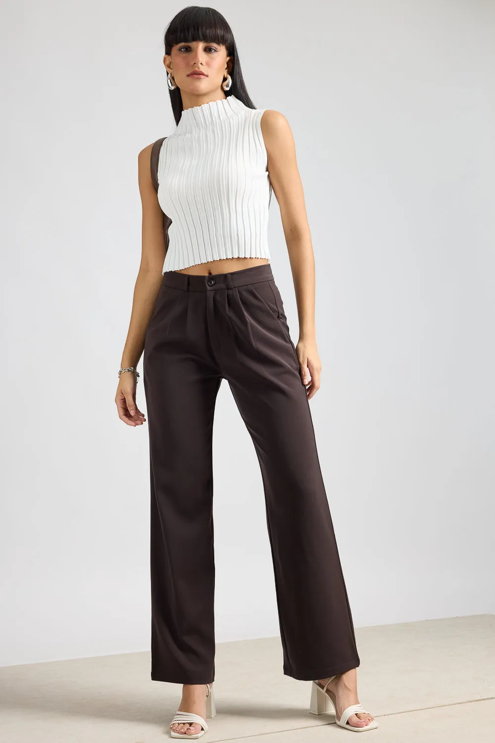 Women's Pleated Dark Brown Korean Pant