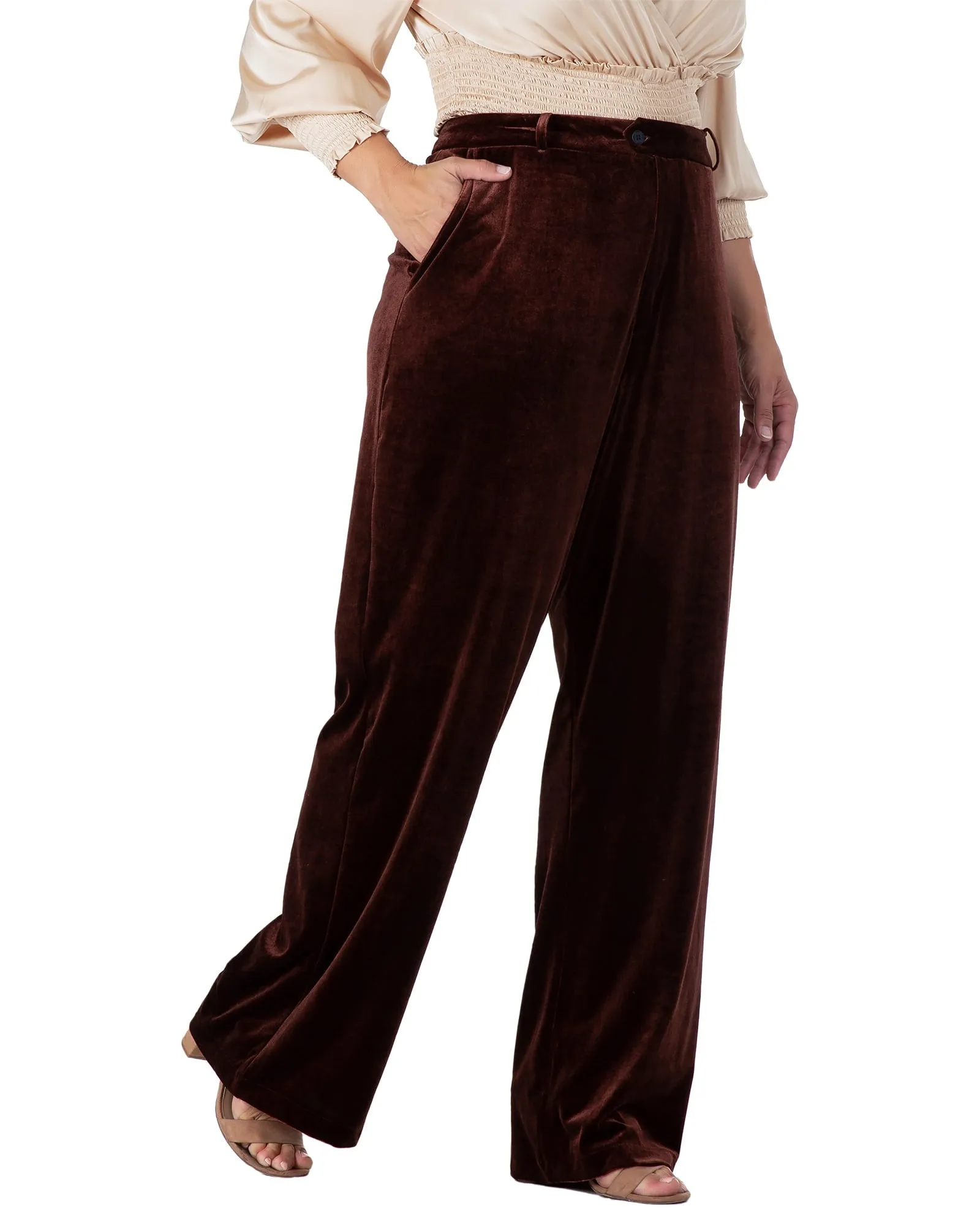 Women's Pleated Velvet High-Waisted Flare Pants | Brown