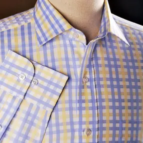 Yellow Blue Herringbone Checkered Striped Formal Business Dress Shirt Luxury Twill Design